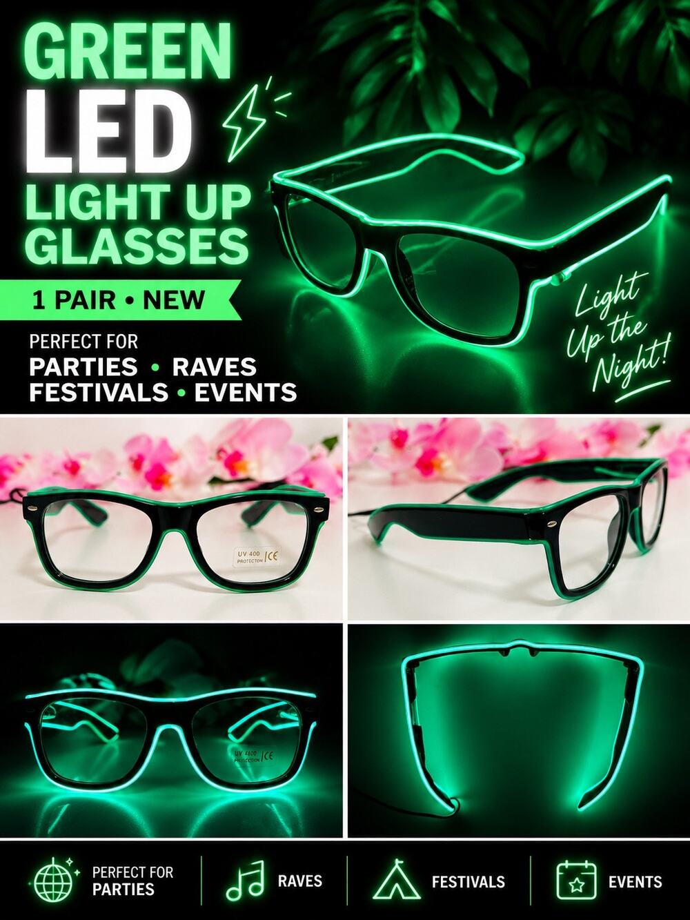 Green Frame LED Light Up Glasses Rave Festival Party NEW